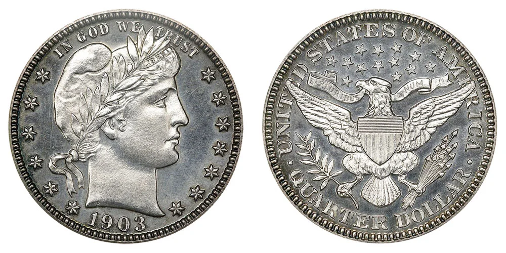 1903 Barber Quarter obverse and reverse showing Liberty head and heraldic eagle