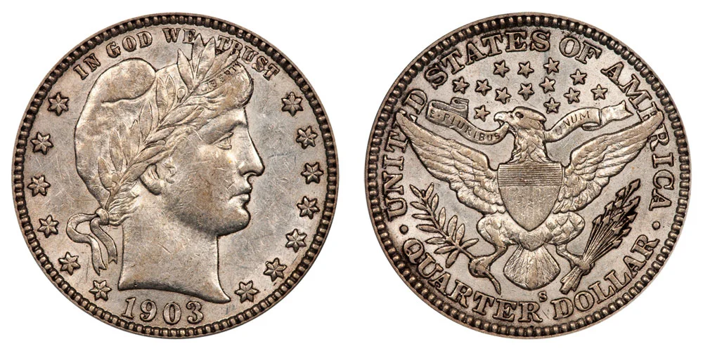 1903 quarter comparison: common Philadelphia issue versus scarce 1903-S San Francisco quarter