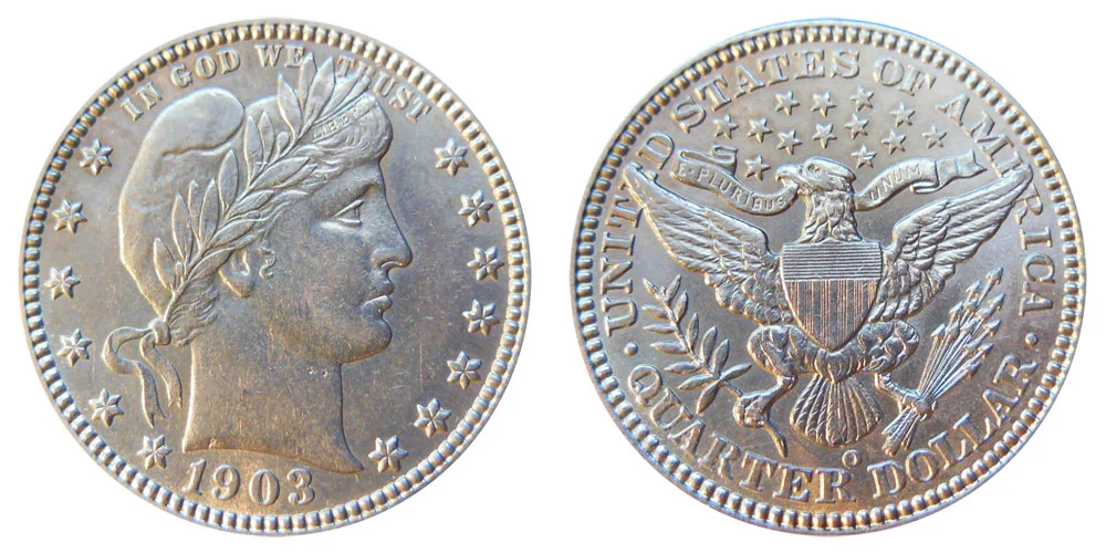 1903-O Barber quarter misplaced date error showing date digits near rim denticles