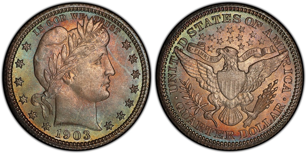 1903 Barber quarter repunched date error showing ghost secondary digit impression beside primary date