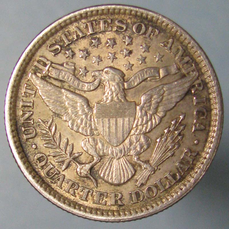 1903 Barber quarter major die crack error showing raised line across Liberty portrait from die fracture