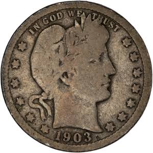 1903 Barber quarter lamination error showing surface flaking of the silver planchet