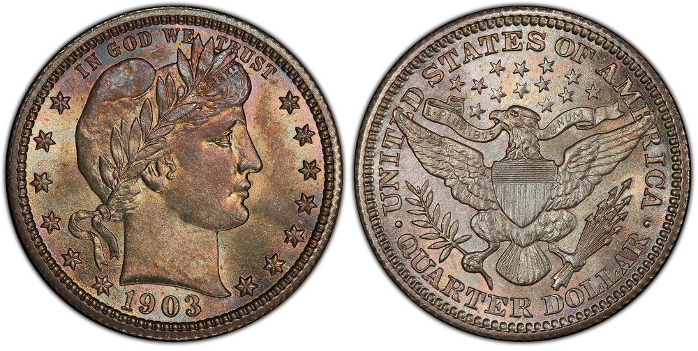 1903 Barber quarter grading strip showing four condition tiers from Good worn to Mint State gem
